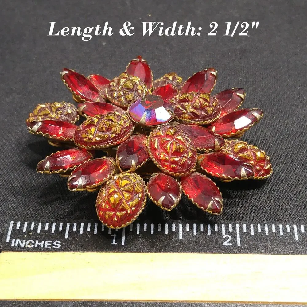 Judy Lee Red Rhinestone Brooch, Red Gold Molded Glass Petals, 1960s Vintage